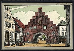 Steindruck-Ansichtskarte Flensburg, Blick durch das Nordertor