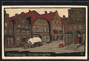Steindruck-Ansichtskarte Flensburg, Pferdekutsche am Südermarkt