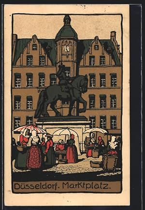 Steindruck-Ansichtskarte Düsseldorf, Denkmal am Marktplatz