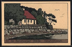 Steindruck-Ansichtskarte Flensburg, Strandhaus an der Förde