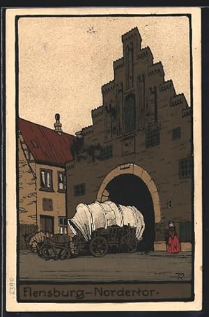 Steindruck-Ansichtskarte Flensburg, Am Nordertor