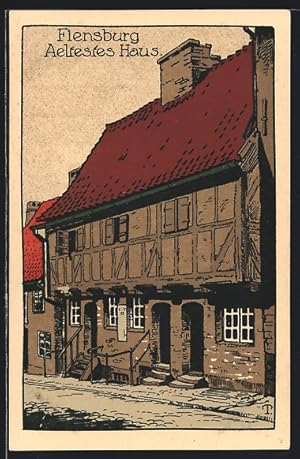 Steindruck-Ansichtskarte Flensburg, Aeltestes Haus