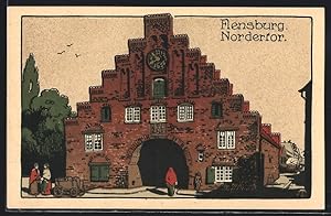 Steindruck-Ansichtskarte Flensburg, Blick auf das Nordertor