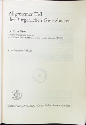 Bild des Verkufers fr Allgemeiner Teil des Brgerlichen Gesetzbuchs. zum Verkauf von Antiquariat Bookfarm