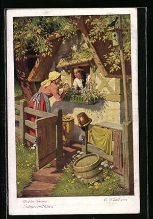 Bild des Verkufers fr Knstler-Ansichtskarte Otto Kubel: Brder Grimm, Schneewittchen, Hexe bietet Gift-Apfel an zum Verkauf von Bartko-Reher