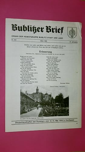 BUBLITZER BRIEF NR 492 MÄRZ 1994 47. JAHRGANG. Organ der Heimatgruppe Bublitz Stadt und Land