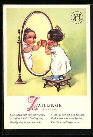 Bild des Verkufers fr Knstler-Ansichtskarte Kindliche Darstellung des Sternzeichens Zwillinge zum Verkauf von Bartko-Reher