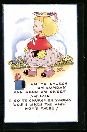Bild des Verkufers fr Knstler-Ansichtskarte Mabel Lucie Attwell: Kleines Mdchen mit ihrer Bibel auf dem Weg zur Kirche zum Verkauf von Bartko-Reher