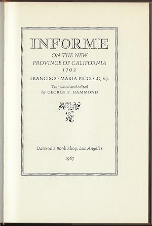 Seller image for Informe on the New Province of California 1702 for sale by Walkabout Books, ABAA