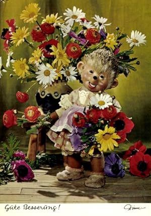Imagen del vendedor de Ansichtskarte / Postkarte Mecki der Igel, Gute Besserung, Igelmdchen, Blumen a la venta por akpool GmbH