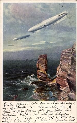 Künstler Ansichtskarte / Postkarte Ruep, Jos., Schütte Lanz, Zeppeline, Lange Anna Felsen, Helgoland