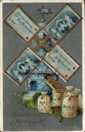 Präge Ansichtskarte / Postkarte Glückwunsch Neujahr, Windmühle, Geldscheine, Münzen