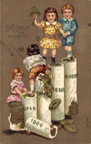 Präge Ansichtskarte / Postkarte Glückwunsch Neujahr, Kinder, Münzen