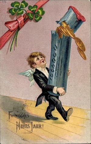 Präge Ansichtskarte / Postkarte Glückwunsch Neujahr, Geld, Engel, Kleeblätter