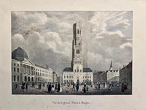 Lithography Brugge Belgium | Vue de la grand Place à Bruges, coloured lithography with people in ...