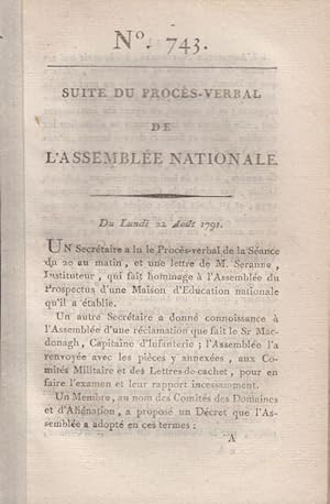 Seller image for Suite du procs verbal de l'Assemble Nationale n 743 du 22 aot 1791 for sale by Librairie Lalibela