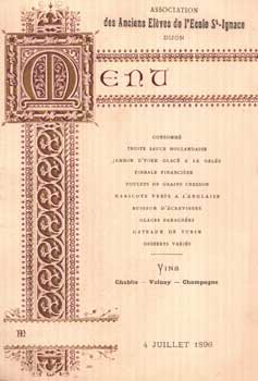 Menu for the Association Des Anciens Eleves De l'Ecole St. Ignace, July 4, 1896