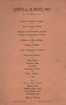 Menu for the Hotel De La Biche, March 18, 1912