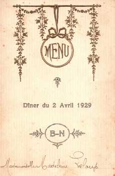 Dinner menu for Hotel De l'Europe, April 2, 1929