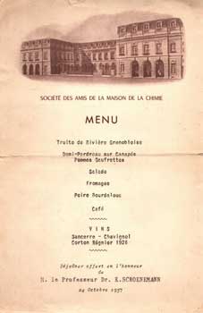 Menu for the 'Dejeuner offert en l'honneur de M. le Professeur Dr. K. Schoenemann,' October 24, 1957