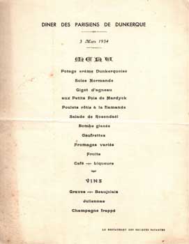 Dinner menu for the 'Parisiens De Dunkerque,' March 3, 1934