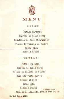 Dinner menu for Le Grand Hotel, August 23, 1938