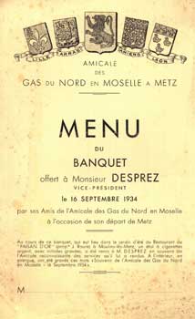 Menu for the 'Banquet Offert A Monsieur Desprez,' September 16, 1934