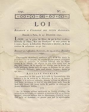 Image du vendeur pour Loi relative  l'change des petits assignats : donne  Paris, le 25 dcembre 1791. mis en vente par Librairie Lalibela