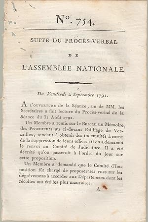 Bild des Verkufers fr Suite du procs -Verbal de L'Assemble Nationale. Du Vendredi 2 Septembre 1791. N 754 zum Verkauf von Librairie Lalibela