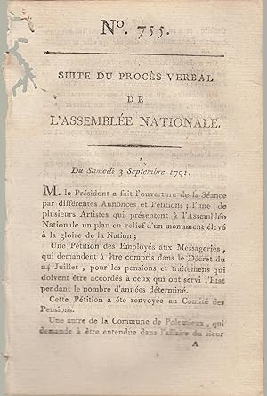 Bild des Verkufers fr Suite du procs -Verbal de L'Assemble Nationale. Du samedi 3 Septembre 1791. N 755 zum Verkauf von Librairie Lalibela