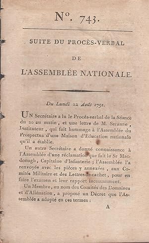 Seller image for Suite du Procs-Verbal de l'Assemble Nationale. - N 743 - Du Lundi 22 Aot 1791. for sale by Librairie Lalibela