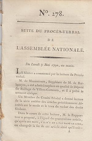 Imagen del vendedor de Suite du Procs-Verbal de l'Assemble Nationale - Du Lundi 3 Mai 1790, au matin. - N 278. a la venta por Librairie Lalibela