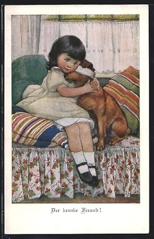 Bild des Verkufers fr Knstler-Ansichtskarte M.Munk Nr.: 713, der kranke Freund, Mdchen mit ihrem Hund auf dem Sofa zum Verkauf von Bartko-Reher