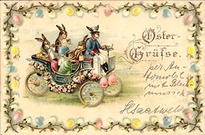 Litho Glückwunsch Ostern, Vermenschlichte Hasen in einem Automobil