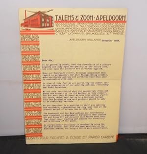 Talen & Zoon, Artists' Materials Supplier, Apeldoorn - Publicity Circular Letter dated December 1928