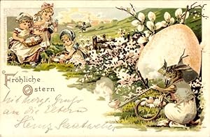 Litho Glückwunsch Ostern, Kinder suchen Ostereier, Hase raucht Pfeife