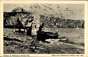 Ansichtskarte / Postkarte Percé Québec Kanada, Birds and Fisherman, Fischerboot am Strand, Seevögel