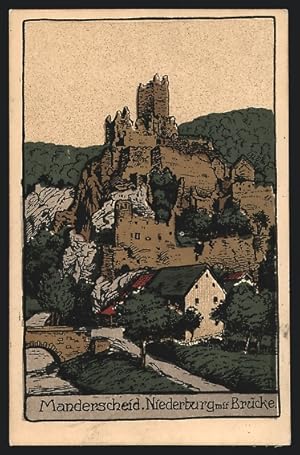Steindruck-Ansichtskarte Manderscheid, Niederburg mit Brücke