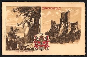 Ansichtskarte Drachenfels, Sage, Frau weht mit dem Kreuz einen Drachen ab, Wappen, Burgruine