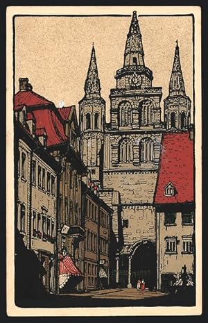 Steindruck-Ansichtskarte Ansbach, Gumbertuskirche mit Eingang