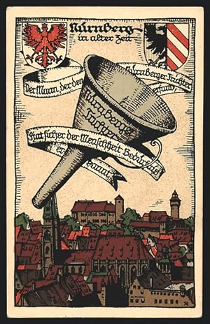 Steindruck-Ansichtskarte Nürnberg, Nürnberger Trichter, zwei Wappen, Blick über die Dächer