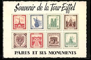 Ansichtskarte Paris, Souvenir de la Tour Eiffel, Paris et ses Monuments, Briefmarken