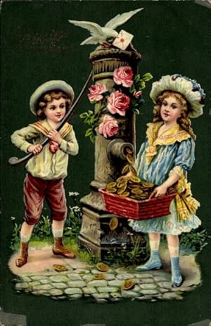 Ansichtskarte / Postkarte Glückwunsch Neujahr, Kinder, Brunnen, Goldene Münzen