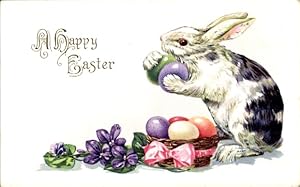 Präge Ansichtskarte / Postkarte Glückwunsch Ostern, Osterhase mit bunten Ostereiern