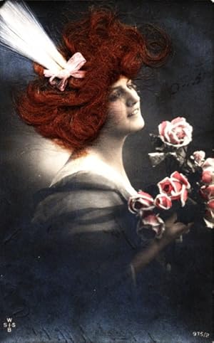 Echthaar Ansichtskarte / Postkarte Rothaarige Frau mit Rosen, Portrait