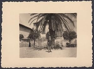 Gentiluomo sotto una palma in luogo da identificare, 1940 Fotografia vintage