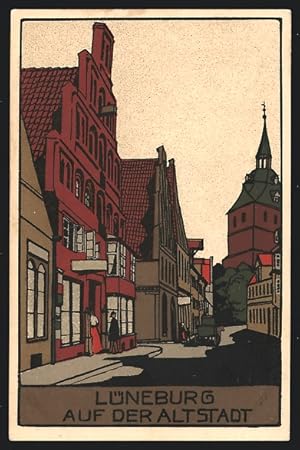 Steindruck-Ansichtskarte Lüneburg, Strassenpartie in der Altstadt