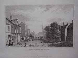 Original Antique Engraving Illustrating a View of the High Street, Solihull, in Warwickshire. Pub...