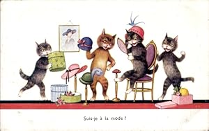 Ansichtskarte / Postkarte Vermenschlichte Katzen probieren Hüte auf