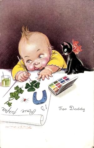 Künstler Ansichtskarte / Postkarte Mauzan, Kleinkind malt Glücksbringer, Hauskatze, Malkasten
